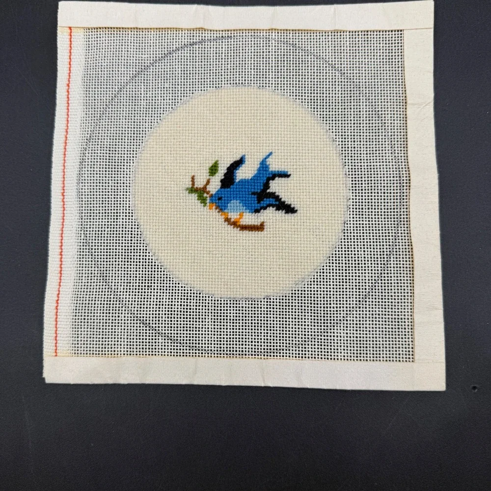 Vintage Needlepoint Bluebird Canvas Art Home Decor Small Blue White Bird Cottage